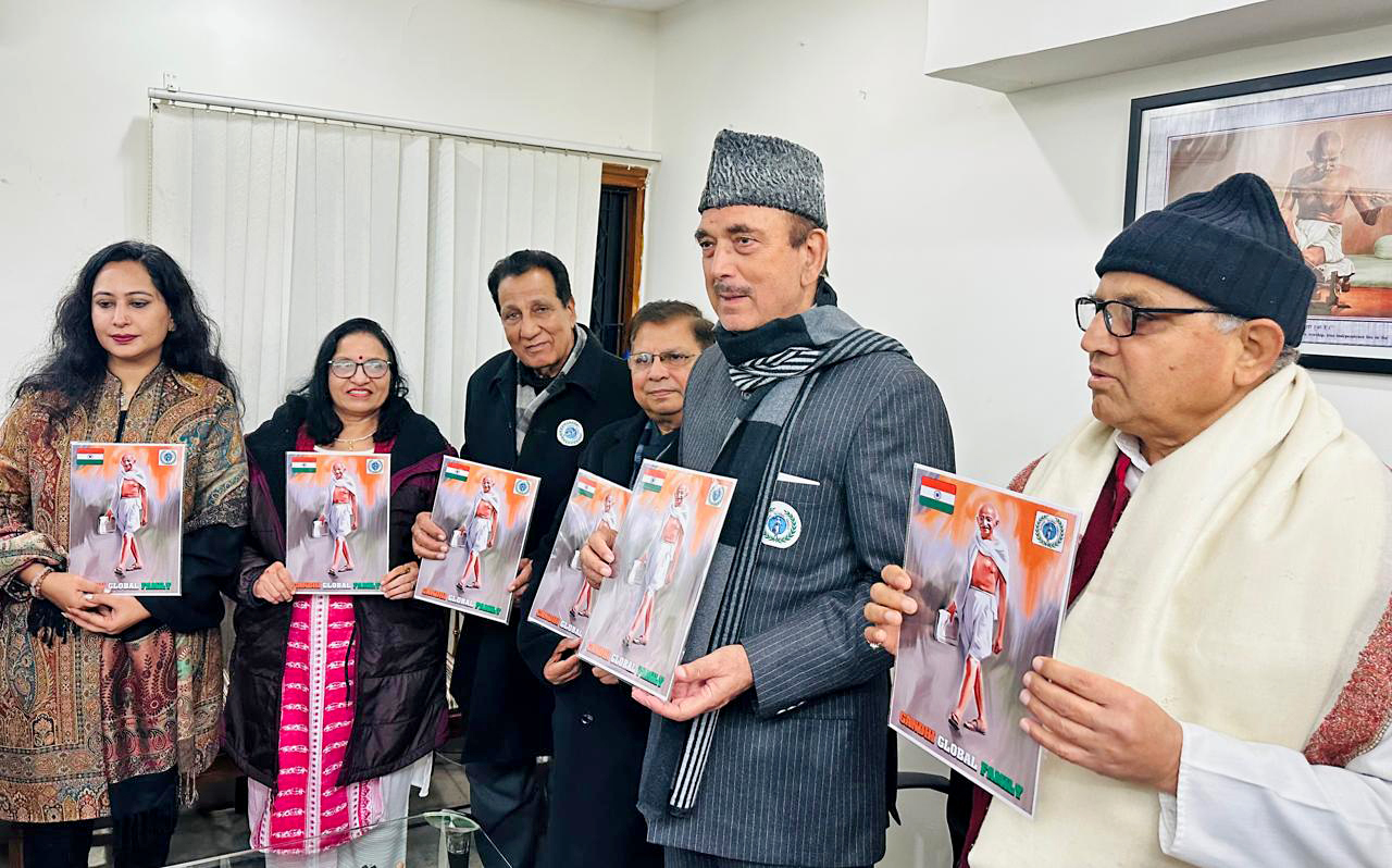 Democratic Progressive Azad Party (DPAP) Chairman Ghulam Nabi Azad meets with a delegation of the Gandhi Global Family from 22 districts on the 76th death anniversary of Mahatma Gandhi,