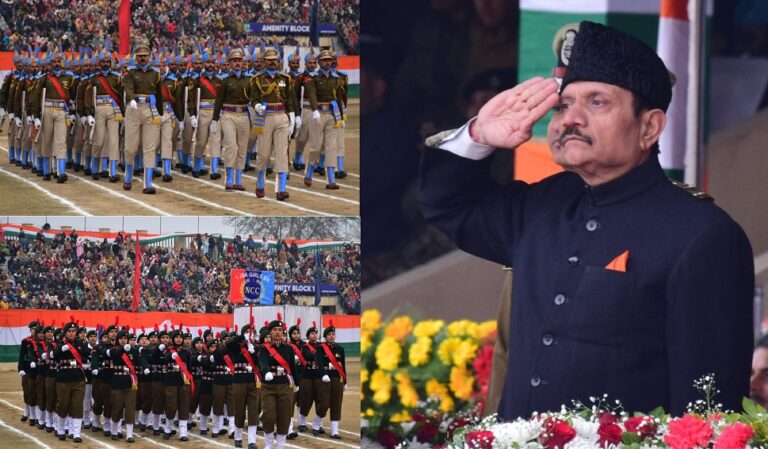 Advisor Bhatnagar unfurls National Flag at Bakshi Stadium, Srinagar on Republic Day